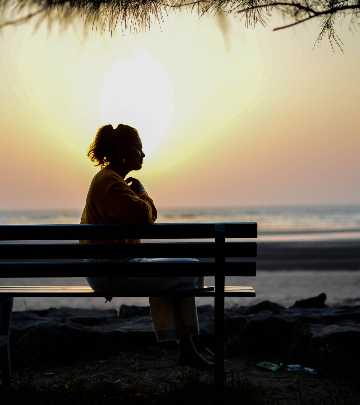 Silhouetted person sitting on a bench by the ocean at sunset, framed by pine branches and glowing sky. Featured on the Mind Rejuvenation Treatments page to evoke reflection, emotional healing, and the peaceful journey toward wellness.